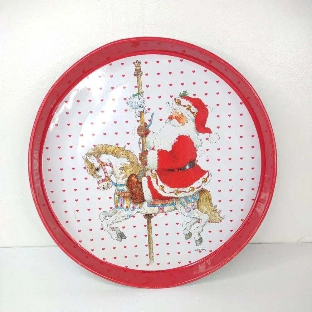 Santa Claus Tray Metal Circular Carousel Horse and White Puppy Christmas